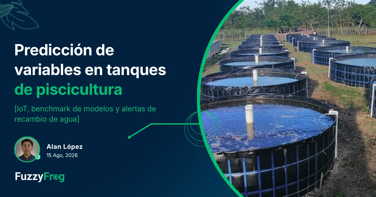 Tanque de piscicultura con sensores IoT midiendo temperatura, pH y compuestos nitrogenados, analizado con machine learning para predicción a corto plazo