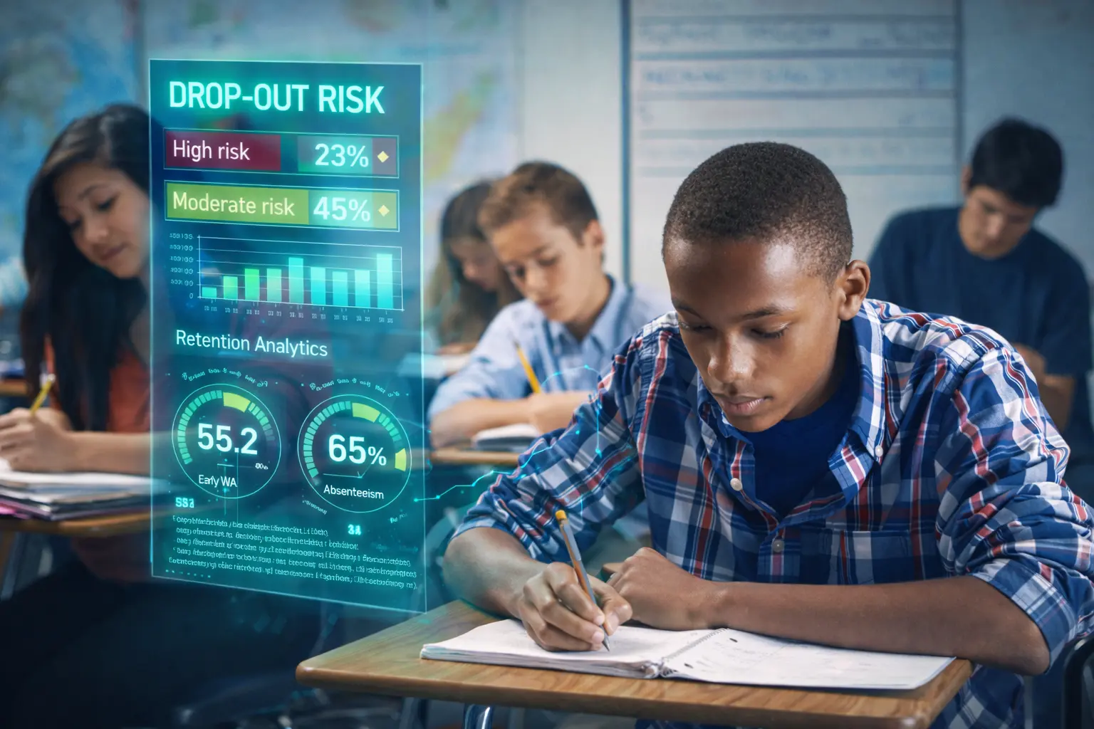 University dashboard with predictive analytics for student dropout risk using machine learning for retention modeling