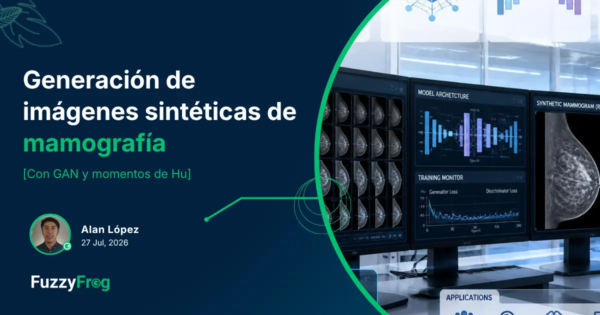 Generador y discriminador de una GAN produciendo imágenes sintéticas de mamografía a partir de ruido latente