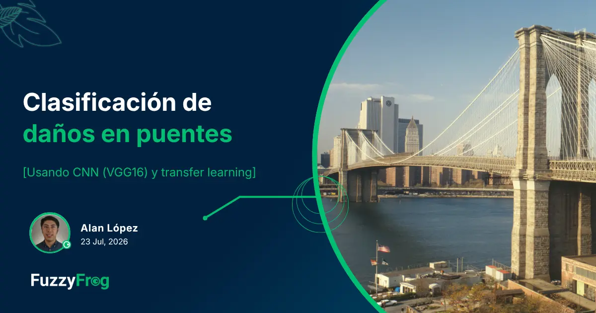 Puente de concreto con daños estructurales analizado con un clasificador CNN VGG16