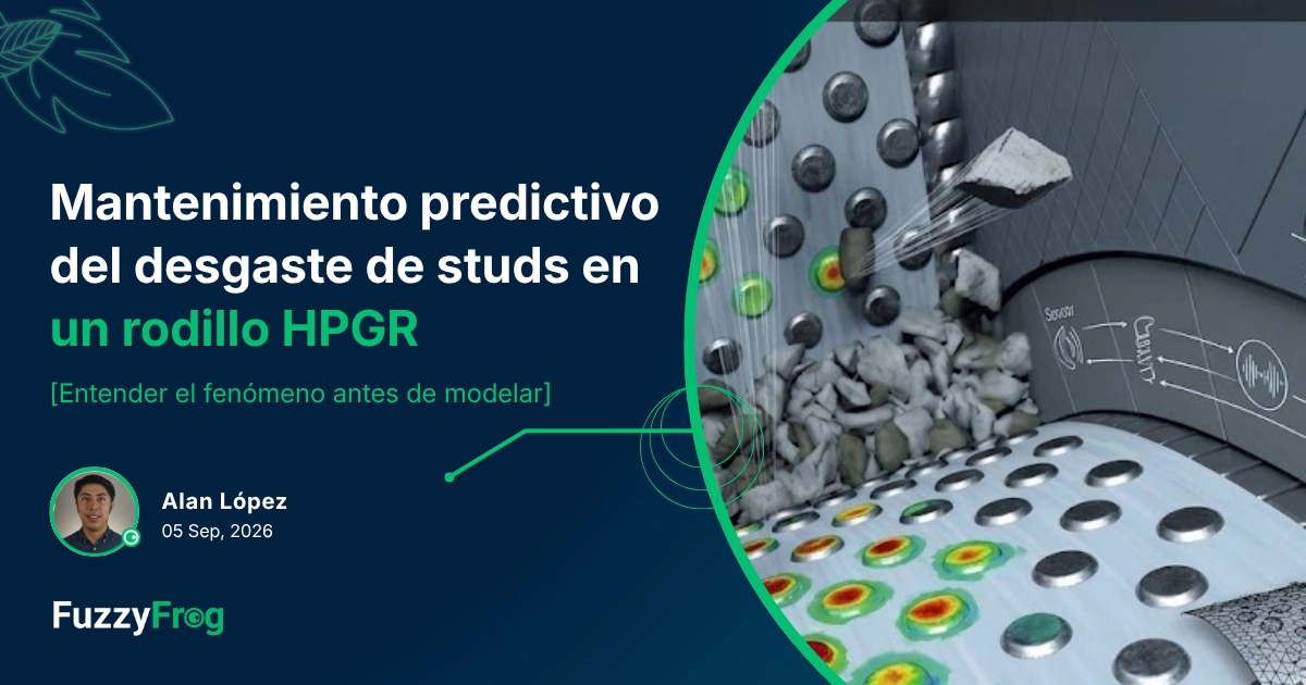 Rodillo de chancado de alta presión HPGR con studs desgastados, analizado con machine learning para mantenimiento predictivo